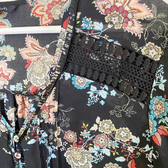 Zac & Rachel Top Women's Large Batwing Boho Black Floral V-Neck Semi Witchie - Picture 6 of 13